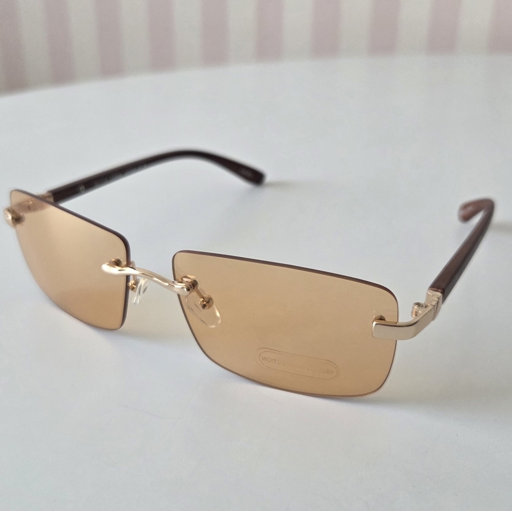 NWT Rimless Orange Tinted Gold Accent Wood Wayfare Sunglasses‎ UV 400 133mm